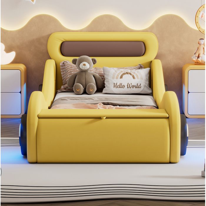 ROVRYN Lit enfant voiture 90x200 cm jaune PU et MDF roues lumineuses coffre de rangement sans matelas