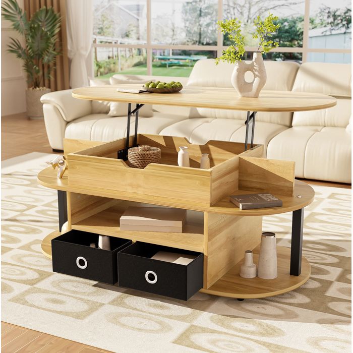 JOINERY Table basse Moderne avec Plateau Relevable et 2 Tiroirs en Tissu Compartiment Rangement Meuble de salon 105x50x45cm