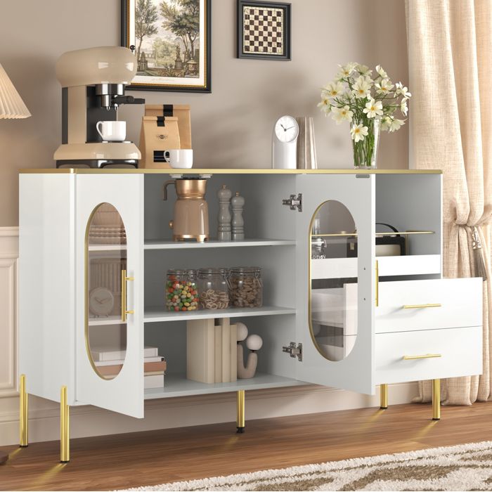 COVREO Buffet bas 140x38x90 cm avec 2 portes vitrées 2 tiroirs passe-câbles MDF blanc et doré