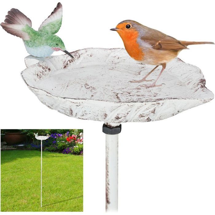 Abreuvoir et mangeoire pour oiseaux en fonte à planter – Résistant aux intempéries – Hauteur 1 m – Motif feuille décoratif