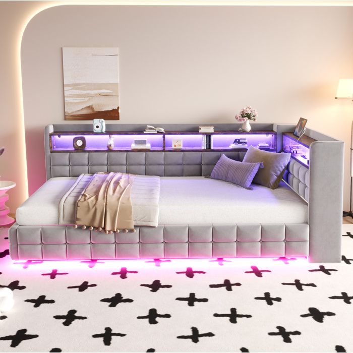 WOVREO lit banquette 90 x 200 cm rembourré avec coffre hydraulique étagères LED USB USB-C gris clair