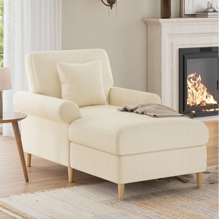 Fauteuil de relaxation 1 place AESVAR avec méridienne intégrée velours beige coussin inclus 133 x 90 x 87 cm