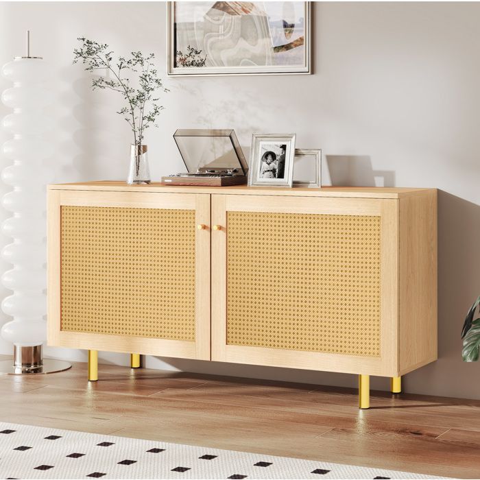 Buffet bas 2 Portes avec 1 Étagère Intérieure Façades effet Rotin - ELVMI - MDF Naturel 120×40×63 cm