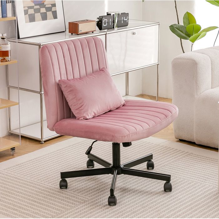 Chaise de bureau moderne sans accoudoirs hauteur réglable pivotante 360° tissu rose clair à roulettes ORVRYN