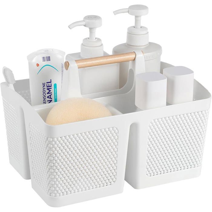 Panier de douche portable organiseur de salle de bain à 3 compartiments avec poignée drainage blanc