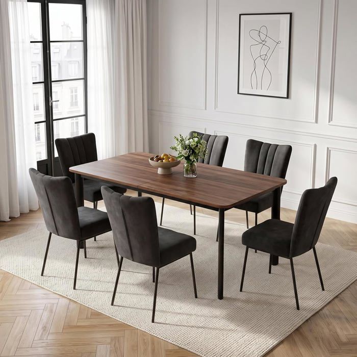 JIEXI Lot 6 tables salle à manger extensibles noyer avec chaises velours noir rembourrées meubles repas pour salon et bureau