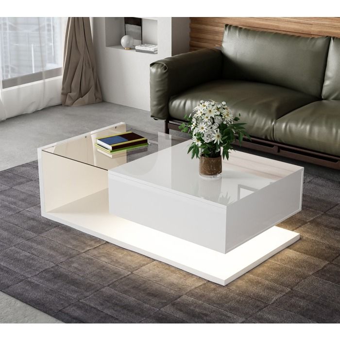 VEVXYN table basse salon rangement blanc brillant avec verre trempé et LED 16 couleurs 105 x 55 x 32 5 cm