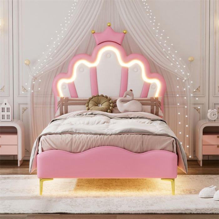 Lit Enfant 90x200 cm - Lit Princesse Capitonne avec Couronne & LED RGB - Cadre de Lit 90x200 Rembourre - Rose Lit Enfant 90x200 cm - Lit Princesse Capitonne avec Couronne & LED RGB - Cadre de Lit 90x200 Rembourre - Rose