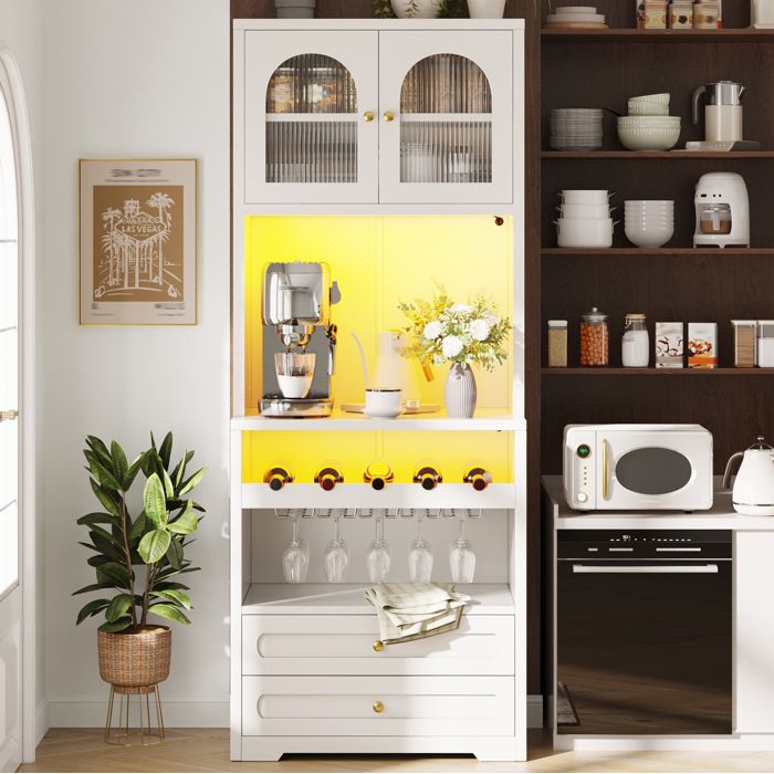 Colonne De Cuisine En MDF Blanc Meuble Haut Design FloraGrace Pour Cuisine Et Salon LED Controlee Par App 70x40x180cm