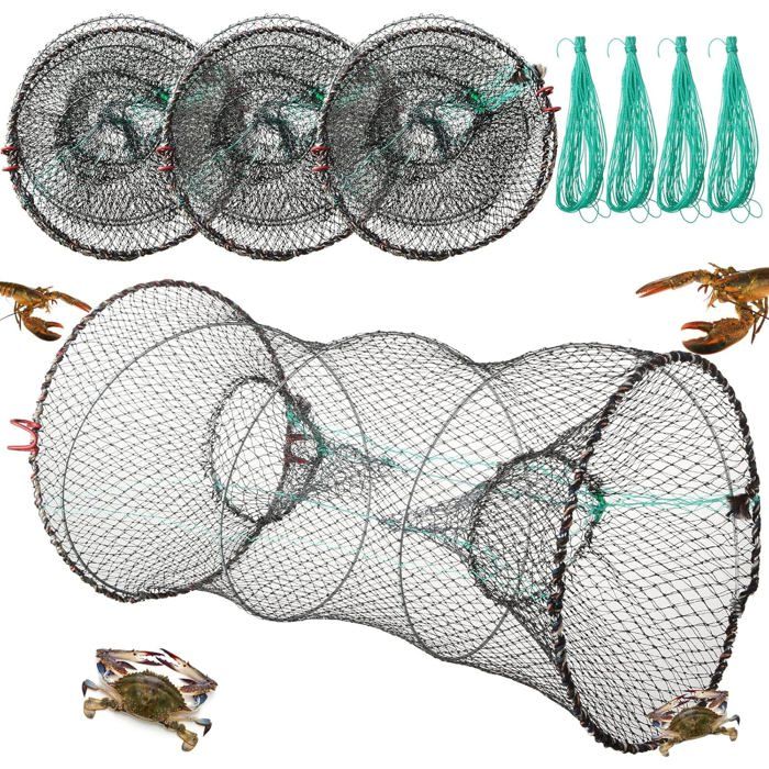 Nasse de pêche pliante 4 pcs piège à crabes et écrevisses 12 x 24 pouces filet avec corde 15 m noir