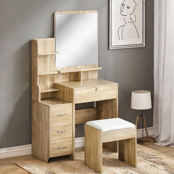 Coiffeuse avec grand miroir 80x38x143 cm et tabouret rembourré 4 tiroirs étagères ouvertes panneaux de particules