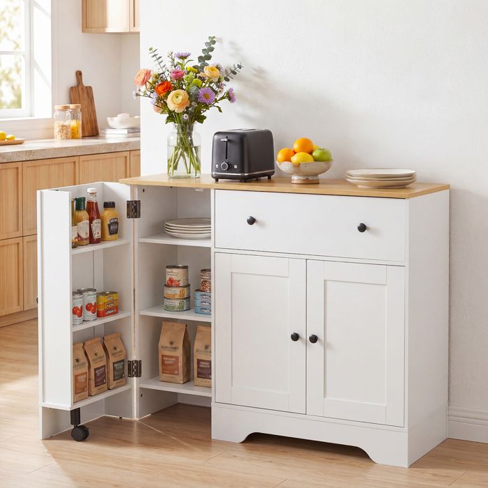 Buffet de Cuisine 105 x 40 x 83 cm COSTWAY Placards à Roulettes Tiroir 2 Portes Kit Anti-basculement Meuble de Rangement Blanc