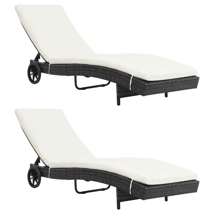 Chaises longues (lot de 2) Bains de soleil avec roues et coussins Résine tressée LL3016