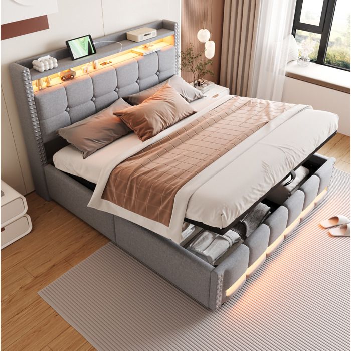 MEULVA Lit rembourré 160x200 cm avec LED USB tête de lit avec étagères et rangement lin gris clair