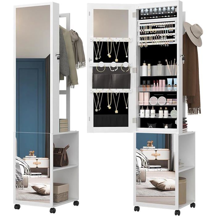 Armoire à Bijoux 8 LEDs Blanc et Noir  Organisateur de Bijoux sur Pied avec 1 Porte-Vêtements Miroir Verrouillable sur Toute la