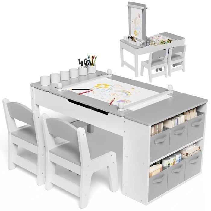 Ensemble table et 2 chaises enfant - bois gris avec plateau réglable et espace de rangement