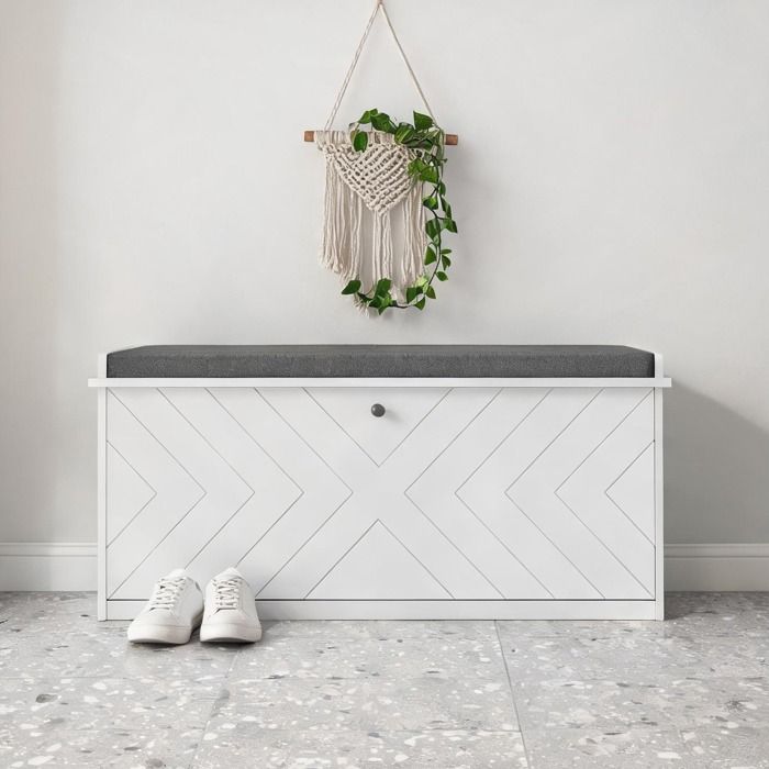 Meuble dentrée en panneaux de particules avec assise rembourrée et rangement pour 10 paires de chaussures 100 x 26 x 48 cm blanc