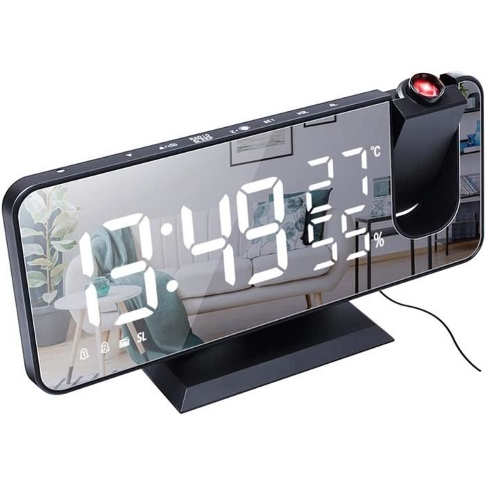 Réveil à Projection LED Avec Affichage Miroir Et Thermomètre - Projette L'heure Sur Le Plafond, Commande Vocale, 180° Réglable - 8