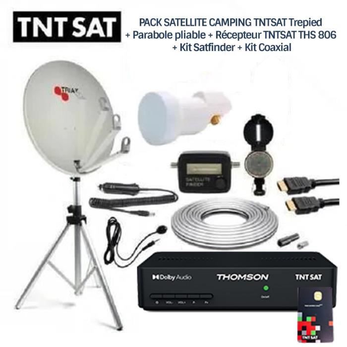 PACK SATELLITE CAMPING TNTSAT Trepied + Parabole pliable + Récepteur TNTSAT THS 806 + Kit Satfinder + Kit Coaxial