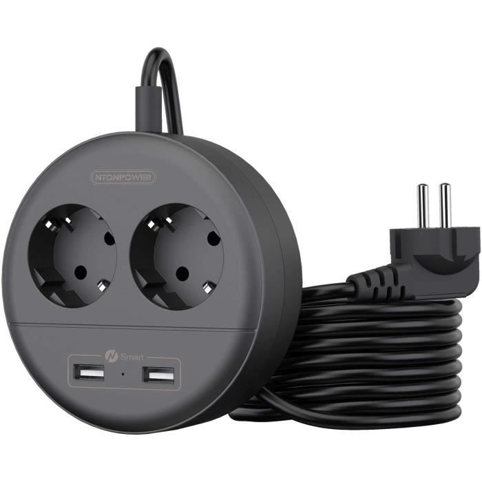 Multiprise Murale 6-en-1 : 2 Prises AC + 3 Ports USB - 2500W, Protection Surcharge