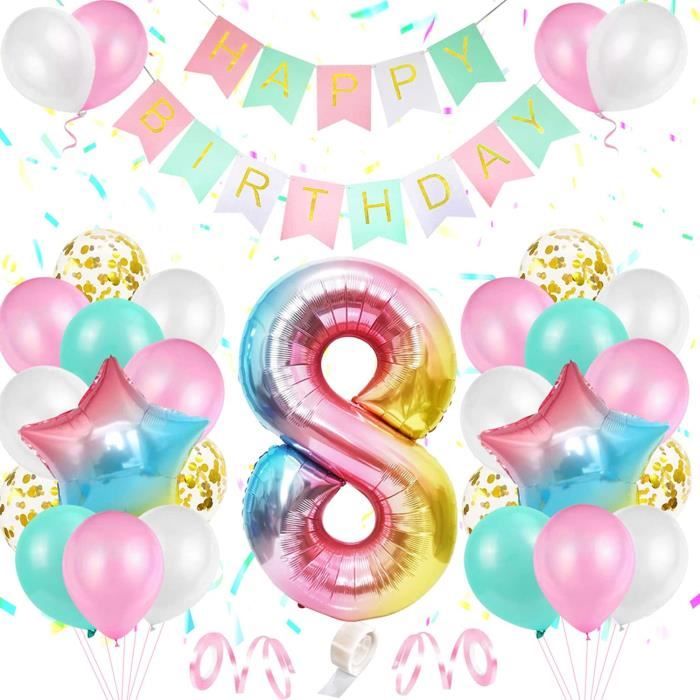 8 ans décoration d anniversaire filles, ballon anniversaire fille,  arc-en-ciel aluminium ballon numéro 8 ballon, bannière d'a[60] - Cdiscount  Maison