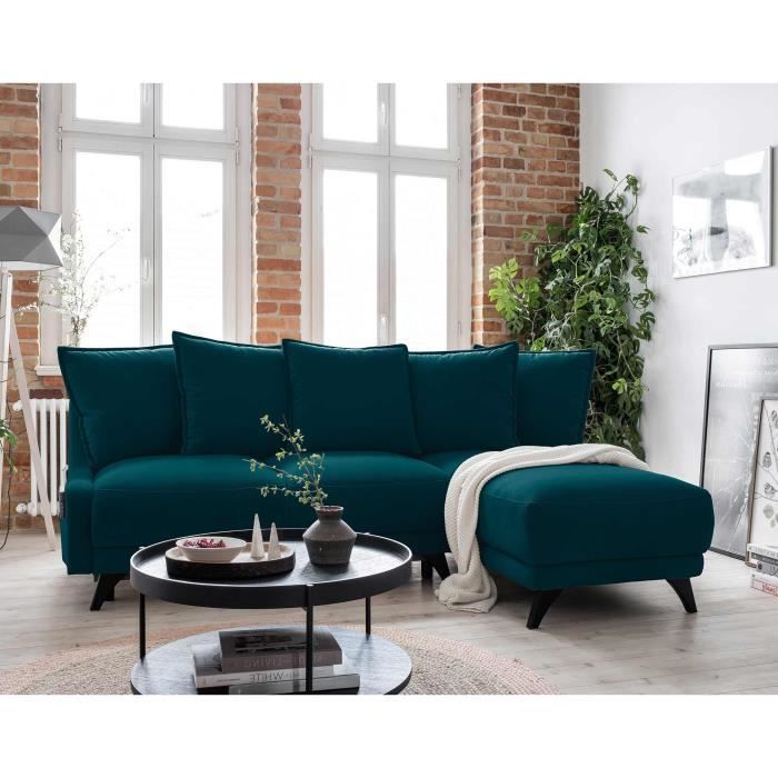 Canapé d'angle 4 places Bleu Velours Confort