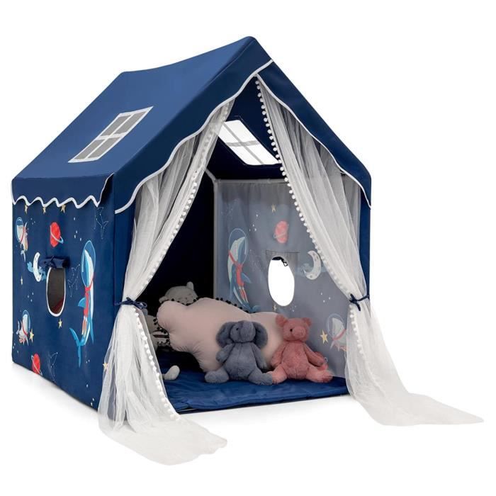 DREAMADE Tente de Jeux Enfants avec Porte de Rideau Longue, Tapis Amovible en Coton, Fenêtres en Maille, 121 x 105 x 137CM, Bleu