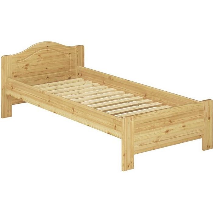 Lit simple classique pin massif naturel 90x200 lit enfant avec sommier à lattes en bois 60.37-09