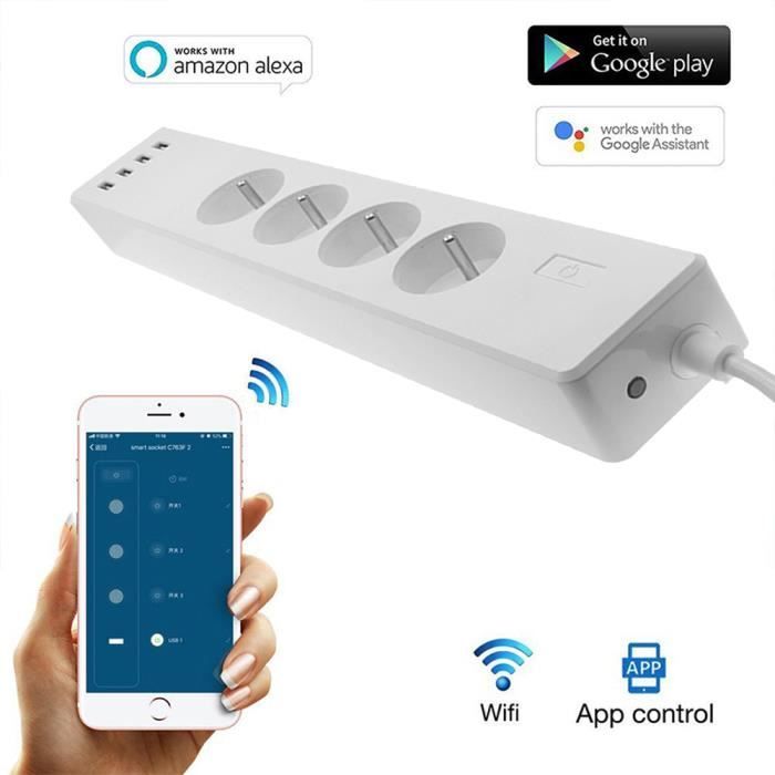 Type E 10A Multiprise Intelligente avec 4 Prises et 4 Ports USB Compatible avec Alexa Prise WiFi avec Commande Vocale et Contrôle à Distance Google Home et SmartThings Multiprise Connectée 