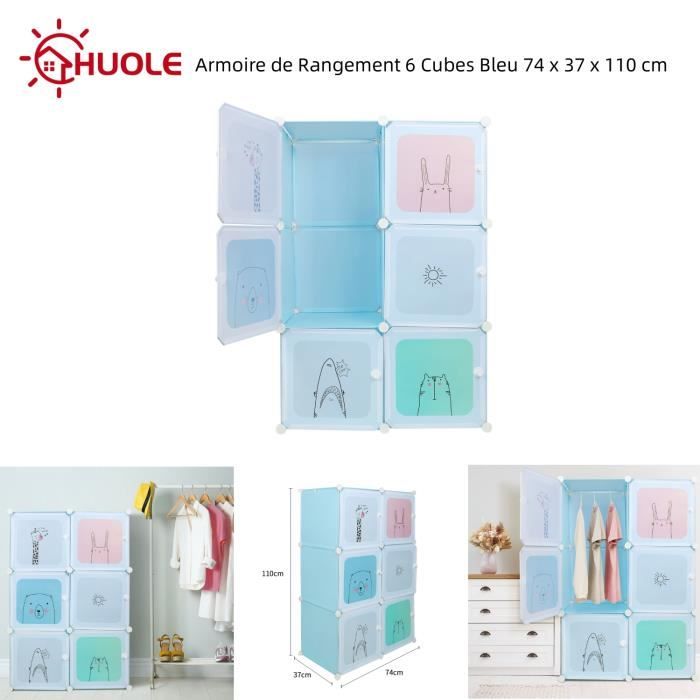 Armoire Meuble de Rangement 6 Cubes Pour Enfants avec un crochet - Bleu 74 x 37 x 110 cm - HUOLE