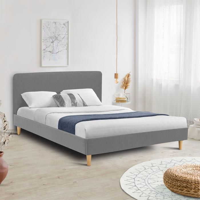 IDMARKET Lit double scandinave BALTA avec tête de lit et sommier 160 x 200 cm tissu gris clair