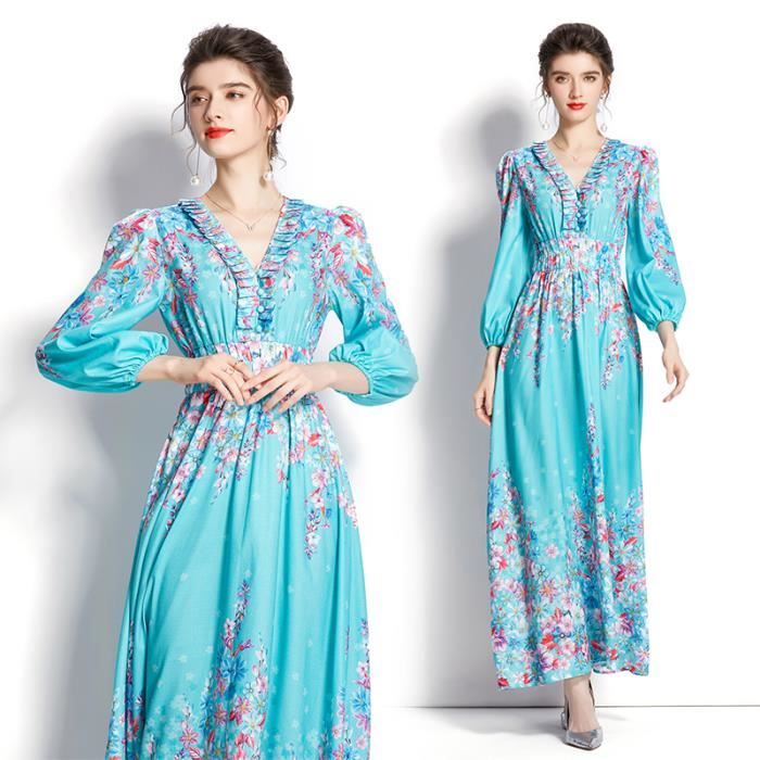 Robe longue femme bleu clair fleurs été col en V