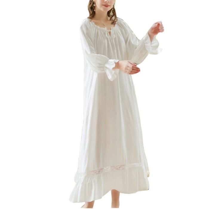 Femme Chemise de nuit a volants et cordon de serrage Vintage Chemise de nuit Fluide Patch en dentelle Pyjama Lounge BlancLong Blanclong Cdiscount Pret a Porter