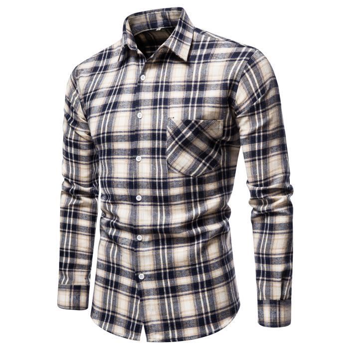 Chemise en flanelle pour homme, chemise boutonnée à manches longues, légère, à carreaux brossés, décontractée, Flanelle bleu marine kaki, 3TG