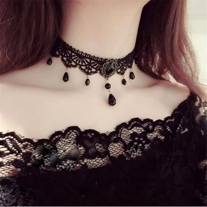 HZXINYI Choker Chaîne Ensemble - 12Pcs Collier Bracelet Anneau Choke Set Noir Tatouage Dentelle Gothique Collier Élastique Accessoires de Bijoux pour Femmes Filles