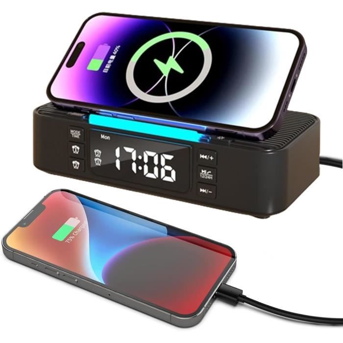 Haut-Parleur Bluetooth RéVeil NuméRique avec Chargeur Sans Fil Radio-RéVeil FM Veilleuse Haut