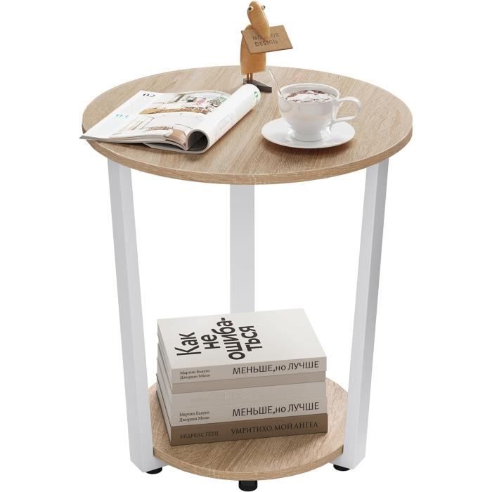 WOLTU Table Basse Ronde Table dAppoint à 2 Étagères Bout de Canapé Chevet en Bois Composé et en Métal Chêne Clair W0ATT0224