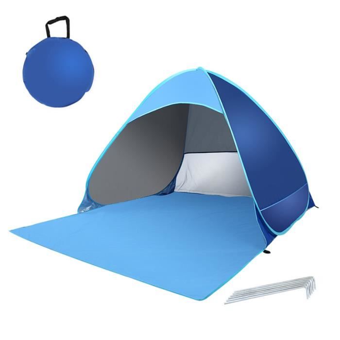 WhiteFang Deluxe XL Tente de Plage Pop-up pour 3 à 4 Personnes, Protection UV, Sol Extensible avec 3 fenêtres de Ventilation, Sac de Transport, piquets et haubans (Bleu uni