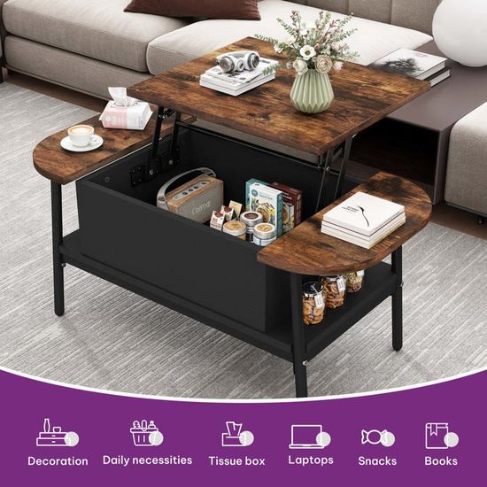 Table Basse Relevable YITAHOME - Plateau Réglable, Rangement 2 Niveaux, Marron Rustique Pour Salon