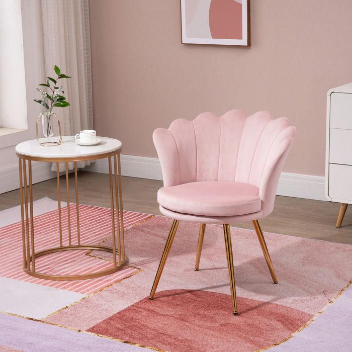 Fauteuil Coquillage HOMCOM En Velours Rose - Pieds En Bois Pour Salon Ou Chambre