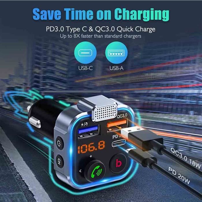 Adaptateur Bluetooth Voiture FM Transmetteur - Charge Rapide PD20W, Appel Mains Libres, Lecteur MP3/USB