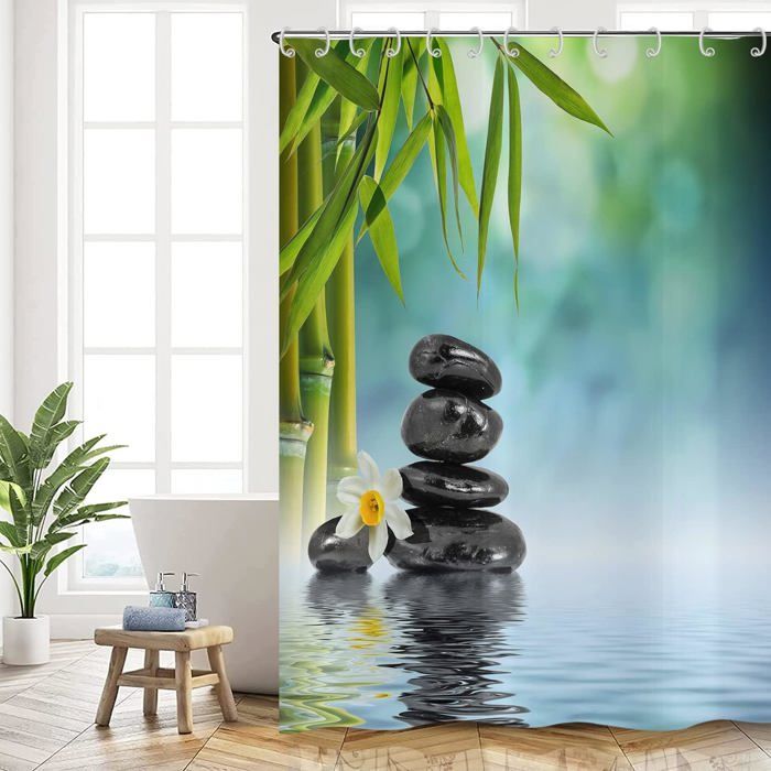 Duschvorhang Zen Garten 180x200 Cm – Grüner Bambus, Wasserdicht, Polyester, Mit 12 Haken