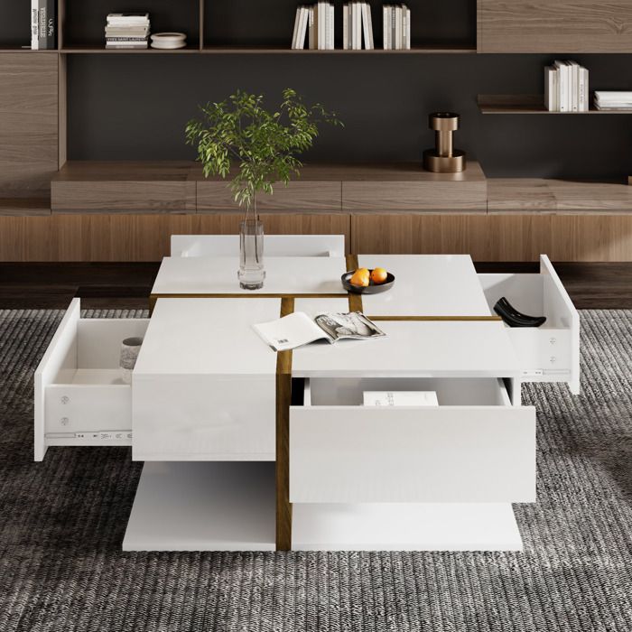 MODFU Table basse blanche d'interieur 78 x 78 x 34.8 cm avec 4 tiroirs ...