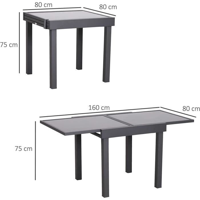 Outsunny Table De Jardin Extensible - Verre Trempé Noir - 160x80 Cm - Aluminium Gris
