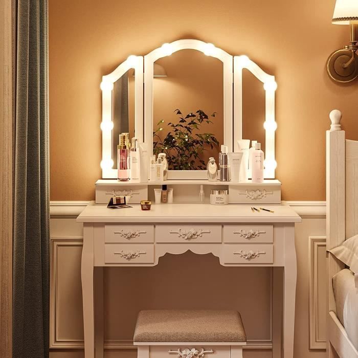 Bureau de coiffeuse avec miroir éclairé 3 couleurs, ensemble de table de  maquillage avec lumières et