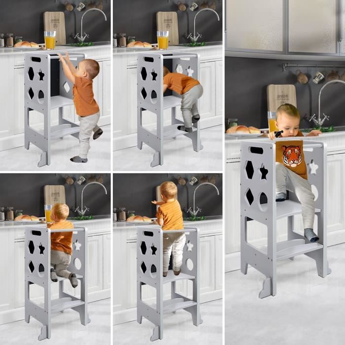 Labebe Tour D'Apprentissage Montessori 3 En 1 Pliable Avec Tableau Noir - Idéale Dès 1 An (Gris)