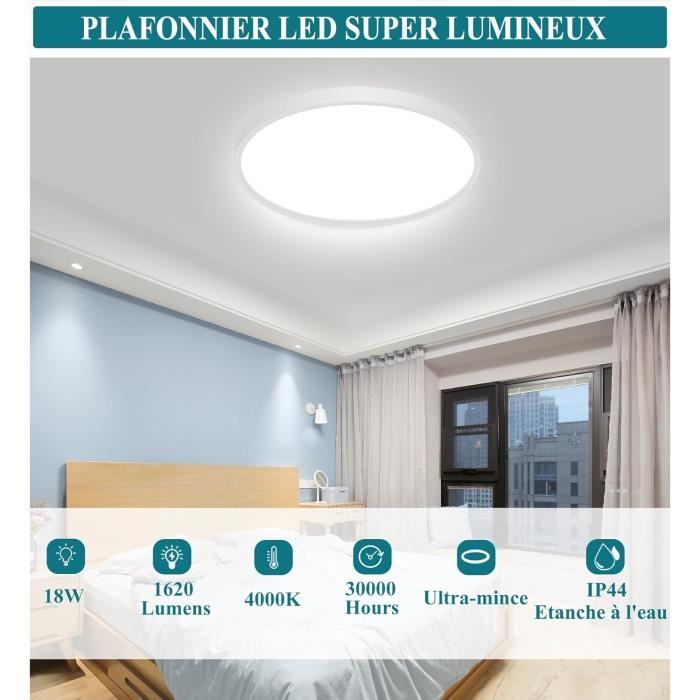 Plafonnier LED Rond 18W IP44 - 3 Couleurs (Blanc Chaud/Naturel/Froid) - Ultra-fin 2.4cm - Pour Salle De Bain, Cuisine, Salon