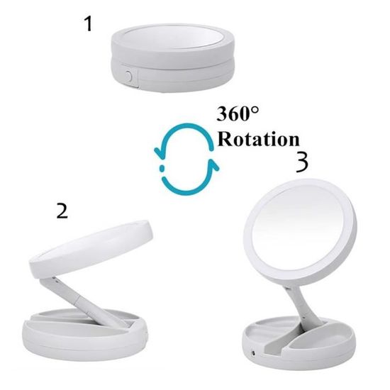 Miroir De Maquillage LED Double Face - 10X Grossissant - Pliable - Alimentation USB - Dimensions 17.5x5.3x28.5 Cm