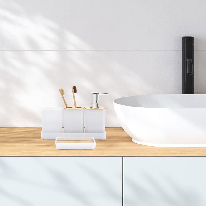 Ensemble Salle De Bain En Bambou - 4 Pièces (porte-brosse à Dents, Distributeur, Gobelet, Porte-savon) - Noir - 6