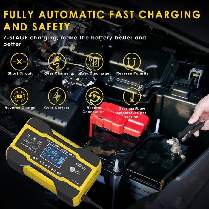 Chargeur de batterie de voiture 10 A, chargeur de batterie automatique 12  V/24 V avec charge en 7 étapes et écran LCD, charge intelligente, entretien